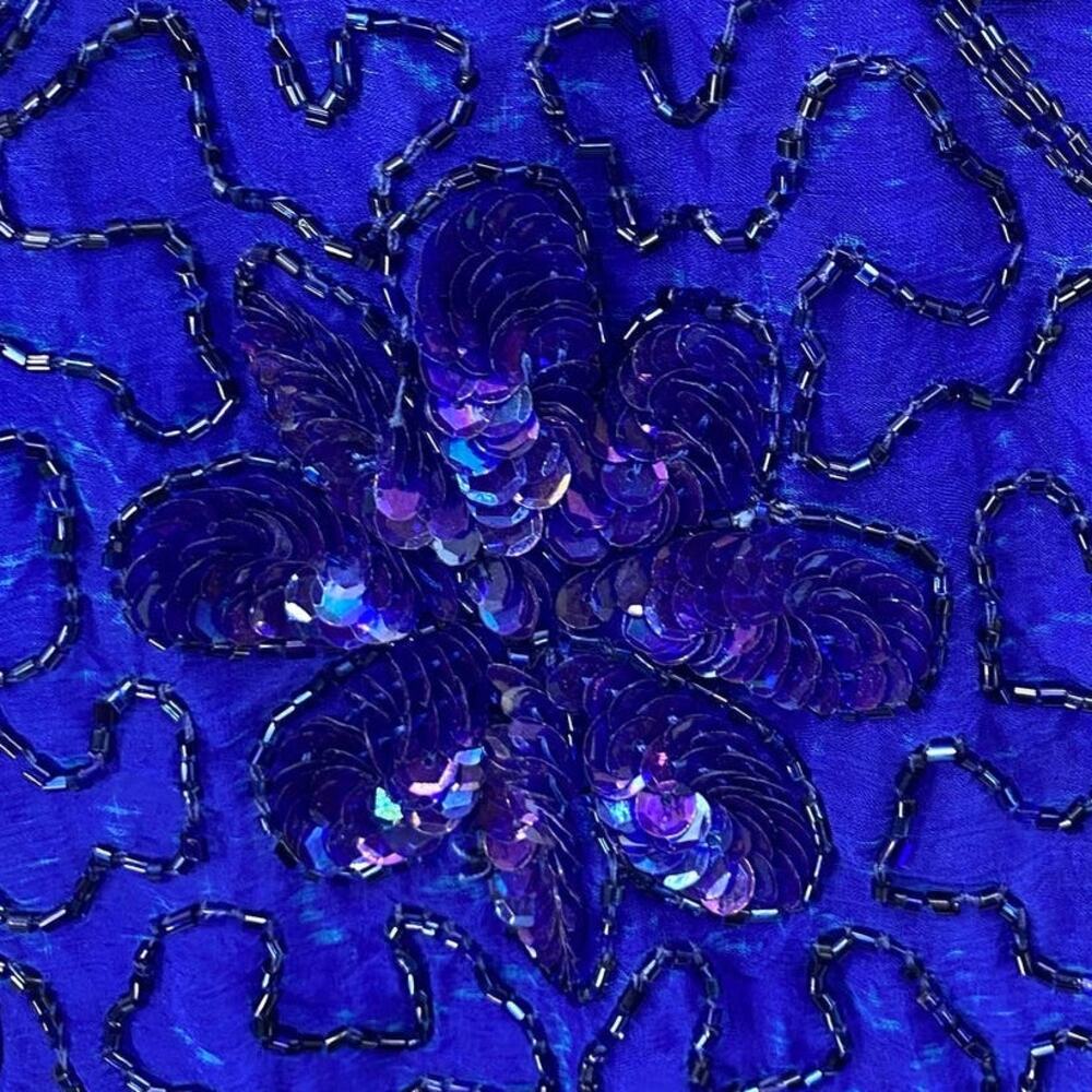 Vintage 80s Beaded Silk Top Short Sleeve Boatneck Pullover Sequins Blue Womens L - Picture 9 of 10